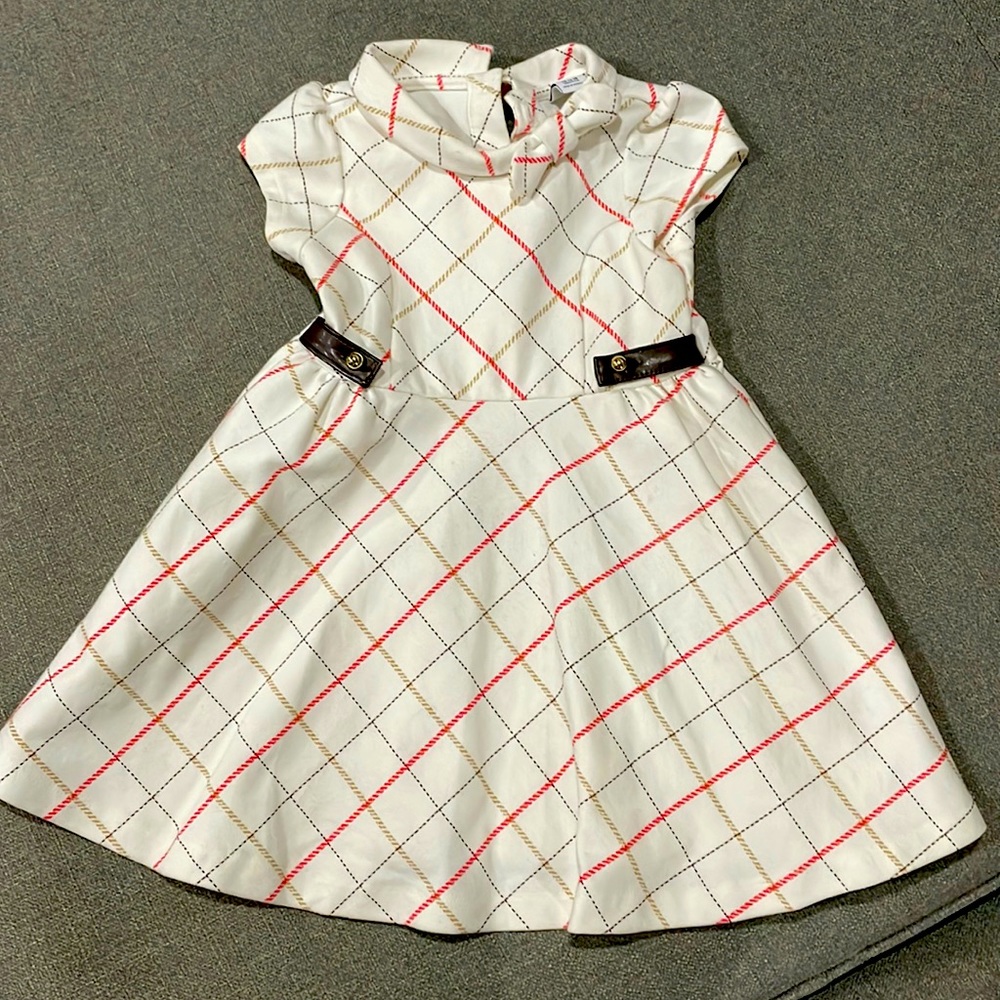 Janie and Jack Beige Dress with Brown and Red Diagonal lines Fall faux leather